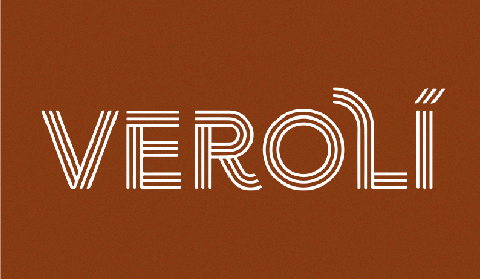 Logotipo da marca Verolí em letras maiúsculas bege sobre um fundo marrom escuro.